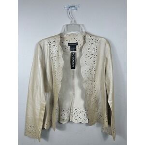 C Concept Leather Laser Cut Jacket Womens Size 6‎ Unique Beige Open Front